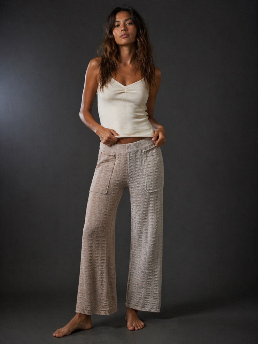 Free People Wide Leg Knit Pants in Beige